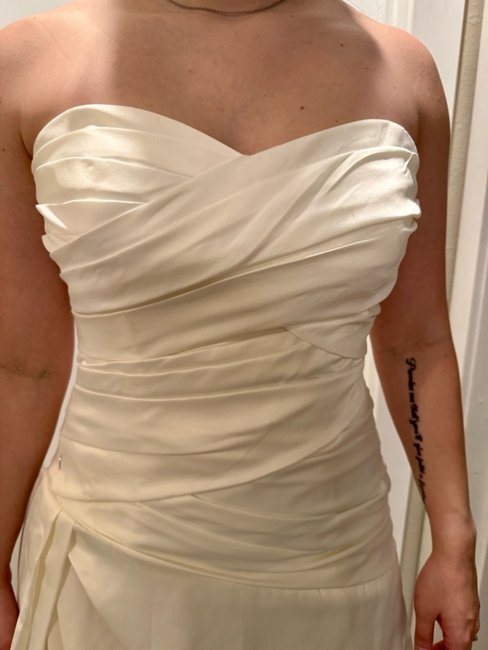 David's Bridal Strapless Ivory Ruched Satin Gown